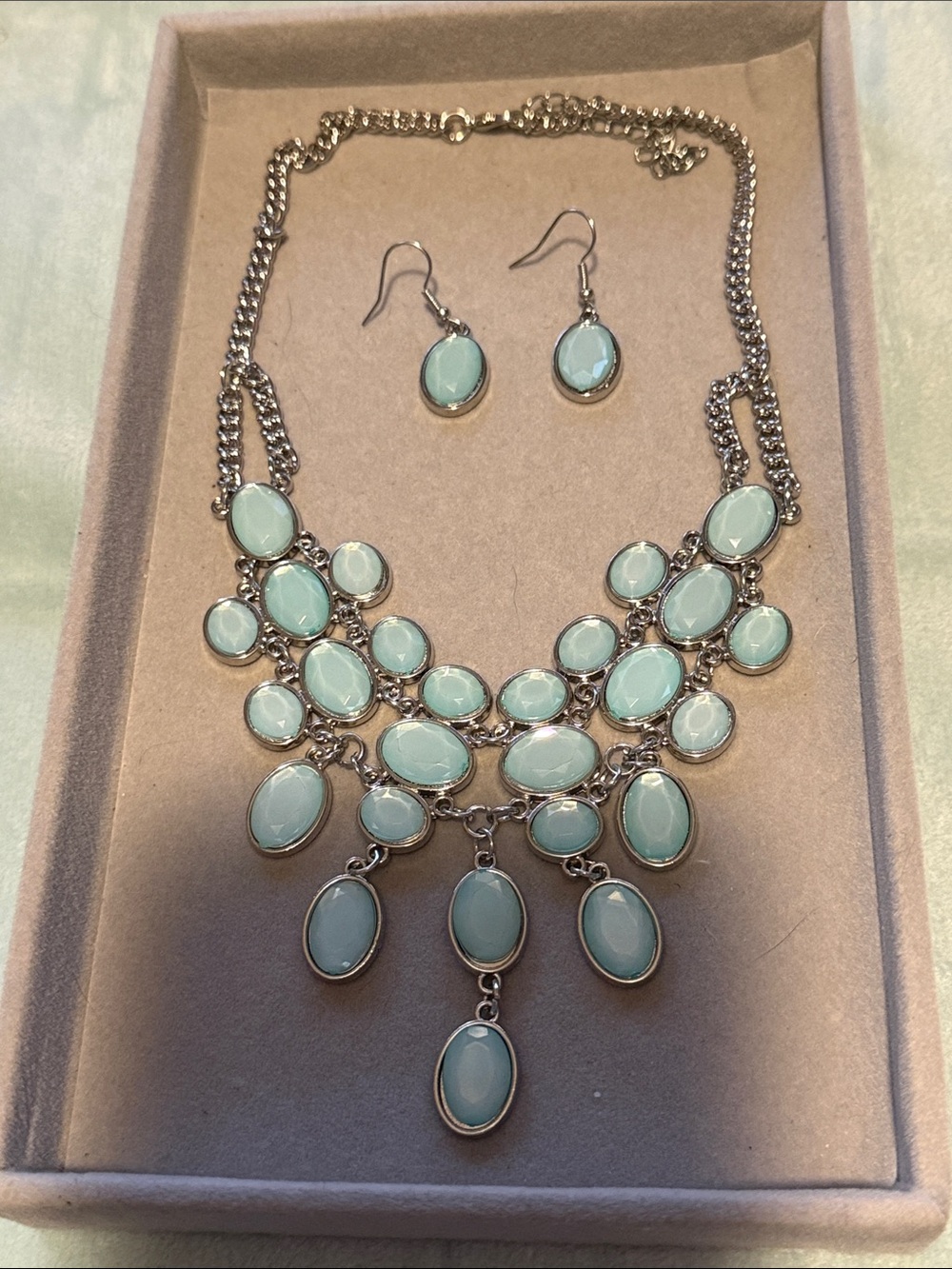 Silver Statement Necklace & Earrings Set with Mint Green Stones